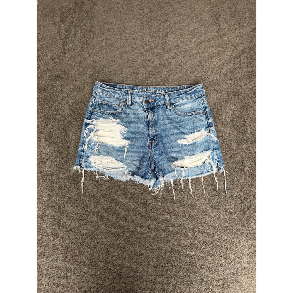 American Eagle Mom Shorts Size 10 Medium Wash Distressed High Waisted Denim